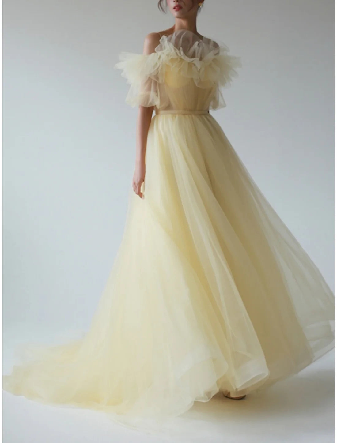 Luolandi A-Line Evening Gown Elegant Dress Formal Sweep / Brush Train Short Sleeve V Neck Chiffon with Pleats Ruffles Prom Dress